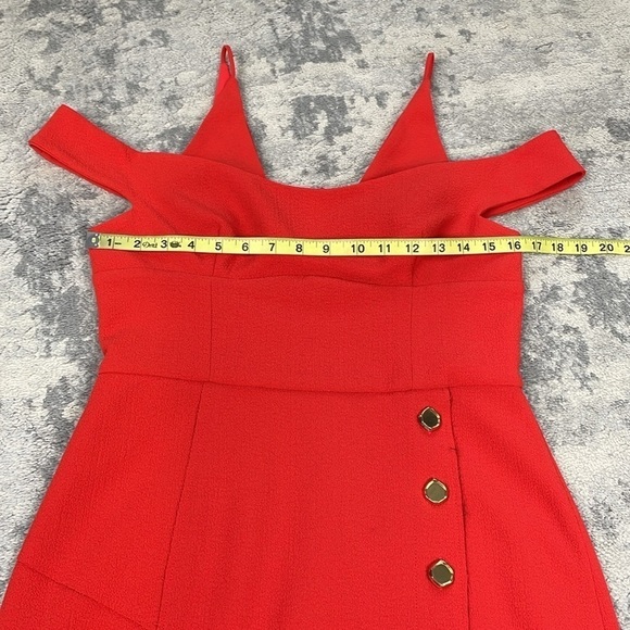 NWT Rebecca Vallance Beltran Midi Dress Button Slit Skirt Off The Shoulder Red 8 - Picture 9 of 14